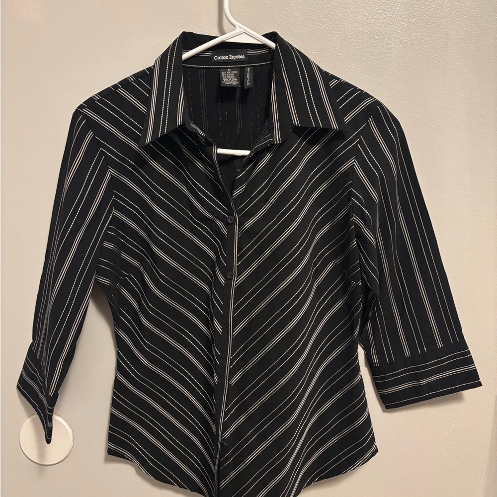 Cotton Express Black and White Striped Button Down Shirt